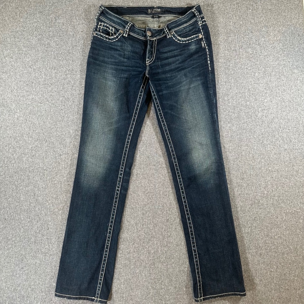 Silver Jeans Co Suki Mid Straight Dark Wash Contrast Stitch Denim W31 L36 👖